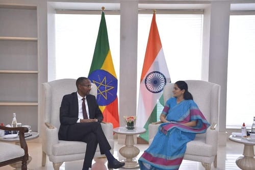 Indian Minister Anupriya Patel with Melaku Alebel, Minister of Industry, Ethiopia