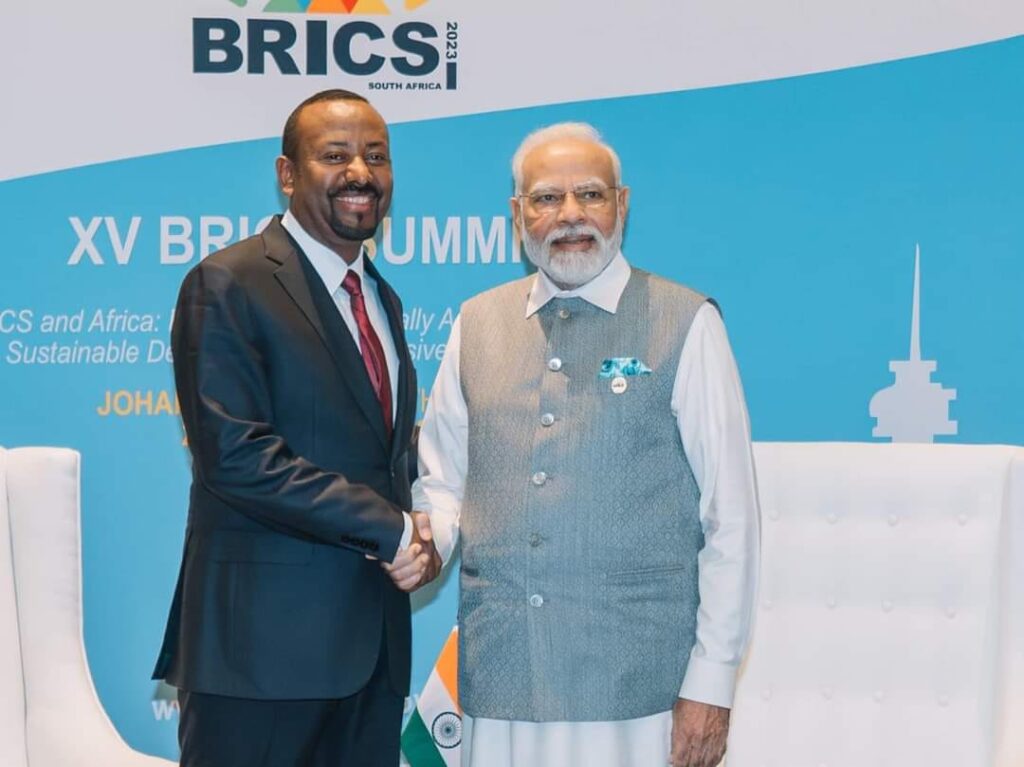 Ethiopian PM Abiy and Modi on the sidelines of the 15th BRICS summit in South Africa. (File Photo)